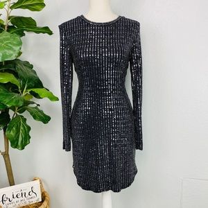 BLACK SILVER LONG SLEEVE SEQUIN SHEATH DRESS